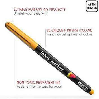 20 Rotuladores para Tela Zenacolor - Tinte Ropa No Tóxica y Indeleble, Rotulador Permanente con Punta Fina - Perfecto para Camisetas Blancas, Bolsas, Tote Bag y Otros Tejidos.
