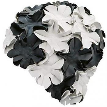 Gorro de Baño Fashy de Goma con Estampado de Flores en Negro y Blanco para Mujeres