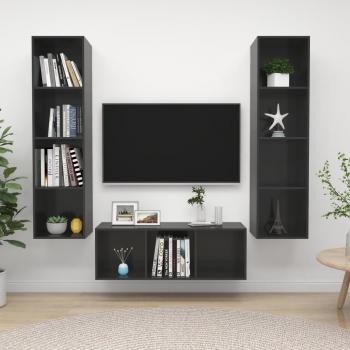 Gabinete de TV Set 3 PCs pulido gris en aglomerado, juego de mueble para TV de 3 piezas en aglomerado gris brillante, muebles de sala de estar 3 piezas en madera de ingeniería cinza com brilho