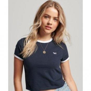 Camiseta corta de algodón orgánico para mujer Superdry con ribetes marinos, casual y sostenible (Talla L)