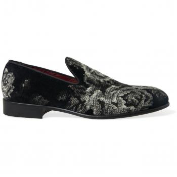 Dolce & Gabbana Black Floral Slippers Men Loafers Dress Shoes - EU39/US6, Multicolor, Size: 6 US, Velvet Leather