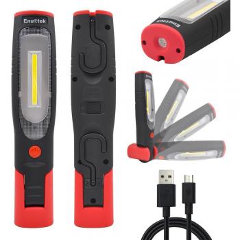 ENUOTEK Lampara Linterna de Trabajo de Mano Taller COB LED 4W Recargable USB Portatil Muy Potente con Bateria de Litio 2600mAh, Imanes Potentes y Dos Ganchos
