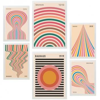 Set de 6 Pósters Geométricos Bauhaus en Colores Pastel para Decorar Paredes del Hogar, Tamaños A3 y A4, Sin Marco
