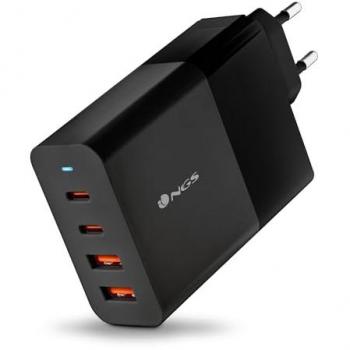Cargador de Pared NGS Bud 100W Universal Negro con 2 Puertos USB-C (PD & PPS 100W) y 2 USB-A (QC 3.0 30W), Compacto y Portátil,