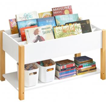 Estantería Infantil Multifuncional SoBuy KMB35-W con Compartimentos de Almacenamiento Blanco y Natural, Organizador de Juguetes y Libros, 2 Estantes, Dimensiones: 85 x 42 x 45
