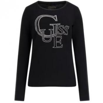 Camiseta de Manga Larga Guess con Logotipo Central de Pedrería para Mujer en Negro - Talla XS