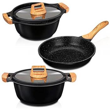 Smile Wood Batería de Cocina Inducción 3 Piezas Aluminio Fundido Antiadherente ILAG ULTIMATE sin PFOA PTFE, Set Cazuelas con Tapas de Cristal + Sartén,