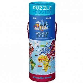 Bertoy- World Cities Piece Puzzle Plus Poster Rompecabezas de Suelo, Color Azul/Verde/Naranja/Rojo/Rosa, 19 x 13