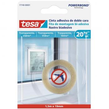 tesa Cinta Doble Cara, Cinta Adhesiva Doble Cara Transparente, Para Fijar en Vidrio y Superficies Transparentes, Fuerza de Fijación hasta 20 kg por 1 m de Cinta, 1.5m x 19 mm