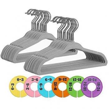 JSL HOME Perchas para Bebé Terciopelo 30 Paquetes con 6 Separadores de Ropa para Recién Nacidos, Flocado Antideslizante Ultradelgado Niños Perchas Ahorra Espacio Gancho Giratorio de 360 Grados Gris