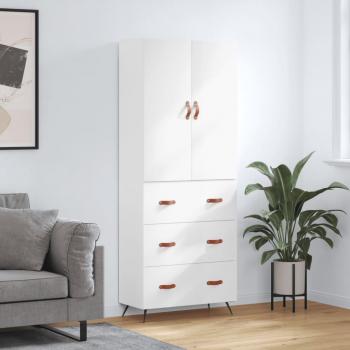 Aparador alto de madera contrachapada blanco brillo 69,5x34x180 cm con 3 cajones, mueble de almacenaje para salón, buffet y armario auxiliar