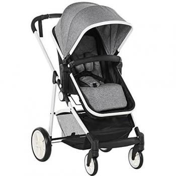 HOMCOM Cochecito de Bebé 2 en 1 Silla de Paseo y Capazo para Niños de 0-36 Meses con Capota Plegable Respaldo Reclinable Cesta Grande Palanca de Freno Carga 15kg 80x51x102 cm Gris