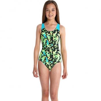 Speedo Toucan Mix Splashback - Bañador para niña, color Noir/Vert Fluo/Jaune Fluo, tamaño 10 años