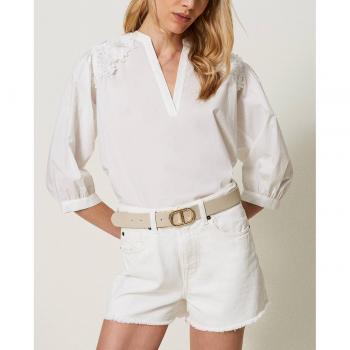 Twinset Floral Patch Poplin Blouse, White, Female, Sizes: M, S, XS