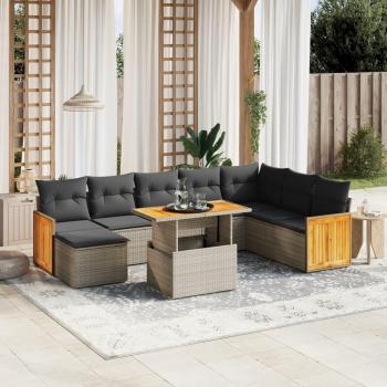 9-Piece Grey Poly Rattan Garden Sofa Set with Cushions