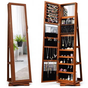 Armario Joyero Giratorio a 360° con Espejo Entero Organizador de Joyas y Maquillaje, Marrón, 38 x 38 x 161 cm, con Cerradura y Estante de Escalera