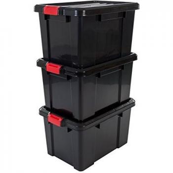 Iris Ohyama, Juego de 3 cajas de almacenamiento para bricolaje, 50 L, con cierre a presión, apilable, garaje - Power Box SK-450 - Negro