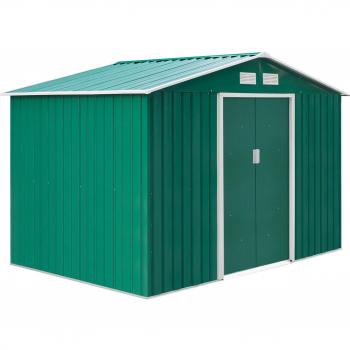 Cobertizo Metálico para Jardín 277x191x192 cm con Base y 4 Ventanas, Almacenamiento de Herramientas, Color Verde Oscuro