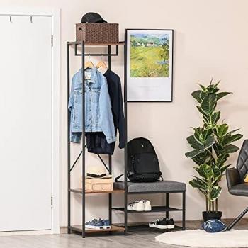 HOMCOM Perchero con Zapatero Banco para Zapatos Barra para Colgar y Estantes para Entrada Pasillo Dormitorio 104,5x42x180,5 cm Negro y Nogal Oscuro