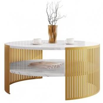 Mesa de centro redonda Oswego 121, dorado con mármol blanco, 40cm de altura y 75cm de diámetro, aglomerado laminado