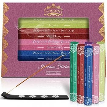 LA BELLEFÉE 120 Incienso Palitos, Juego de 6 - Cajas de 41 g Cada una, Sándalo, Pachulí, Violeta Africana, Fresa, Jazmín, Cereza Silvestre Yoga, Aromaterapia, Relajación, Meditación