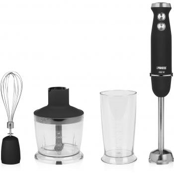 Princess 221220 Set de batidora de mano, Control de velocidad, 800 W, incluye taza de medir, picador y batidor, acabado de goma para un agarre ergonómico, acero Inoxidable, negro