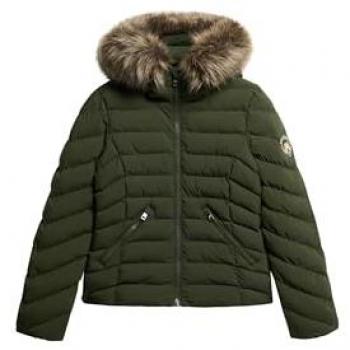 Chaqueta Acolchada Verde con Capucha y Forro de Piel Sintética para Mujer Superdry