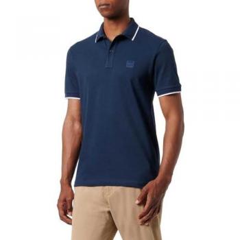 BOSS Orange Passertip Men's Short Sleeve Polo Shirt with Tipped Collar - Open Blue, Size L