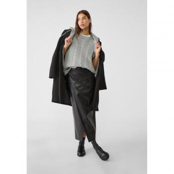 Black Leather Effect Crossover Midi Skirt Size 12-16