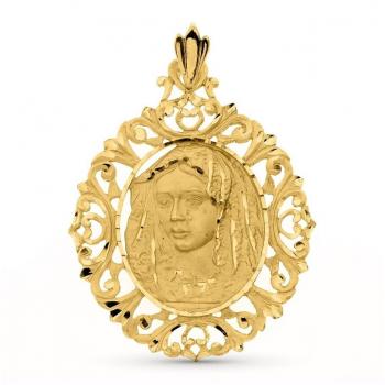 Medalla de oro 18k Corazón de Jesús 20mm calada con cerco tallado hélice y Virgen de la Macarena Inmaculada Romero