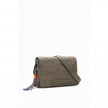 Desigual Alpha Dortmund Flap Bandolera Mediana con Bordado de Flores Color Gris Alquitrán 23WAXP75