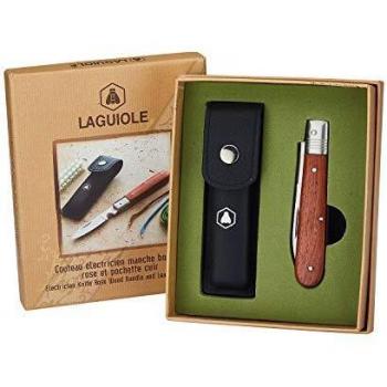 LAGUIOLE - Cuchillo Plegable para Electricista con Mango de Madera de Rosas y Estuche de Cuero Negro - - Marrone