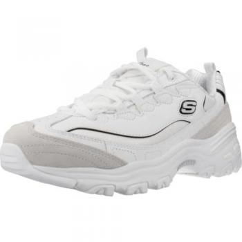 Zapatillas Skechers D'Lites 150231 Mujer Blanco Cuero / Ante / Malla con Detalles Negros y Rojos