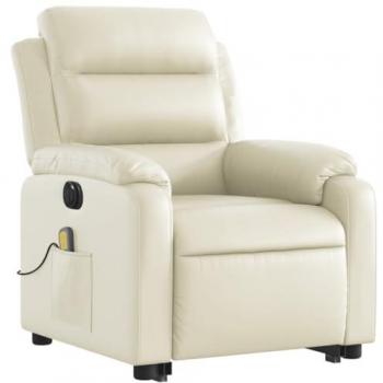 Sillón de masaje elevable eléctrico de cuero sintético en color crema, con respaldo ajustable, diseño orejero, ideal para personas mayores, cómodo y relajante