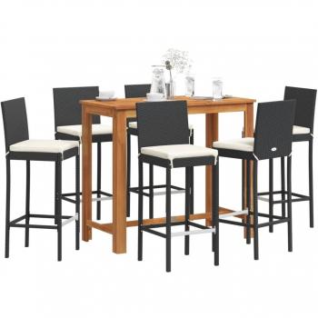 7-Piece Black Acacia Wood and Poly Rattan Garden Bar Set