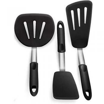 iNeibo Paleta de Cocina Silicona Pala de Pescado Espatula Silicona Cocina Fabricado en Acero Inoxidable y Silicona Juego de 3 piezas Negro