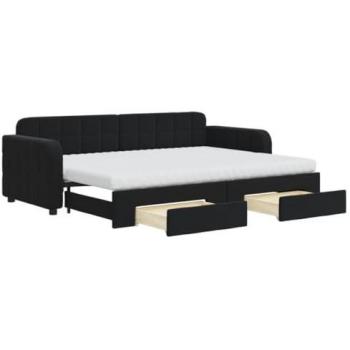Sofá cama nido con cajones de terciopelo negro 80x200 cm