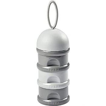 BÉABA Recipiente dosificador de leche en polvo, Dispensador de Leche Bebé, Apilable, 3 Compartimentos, 100% Hermética, Uso evolutivo como caja de snacks, Gris/Negro
