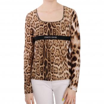 Roberto Cavalli Brown Round Neck Leopard Long Sleeve Women Top Blouse - Size 2XL/XXL