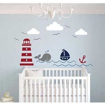 Vinilo Adhesivo Decorativo de Pared – Temática Náutica – para cuarto del bebé – Ballena y barco