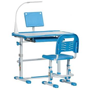 HOMCOM Juego de Escritorio y Silla para Niños de +6 Años, Pupitre Infantil con Altura Ajustable, Mesa Inclinable, Cajón, Lámpara LED y Portalápices, Dimensiones: 80