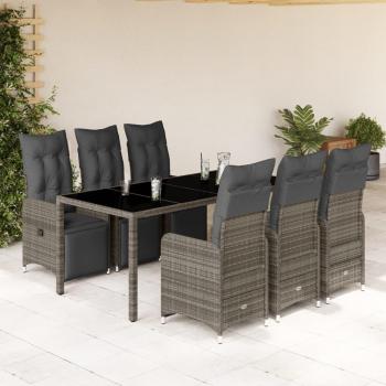 7-Piece Grey Poly Rattan Garden Bistro Set with Cushions