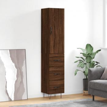 Aparador alto de madera contrachapada en color roble marrón, dimensiones 34,5x34x180 cm, con 3 cajones, ideal como mueble de almacenaje para salón o armario auxiliar