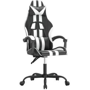 Silla gaming cuero sintético negro y blanco con reposabrazos, ruedas giratorias y altura ajustable, ideal para uso profesional en estudio, oficina o casa