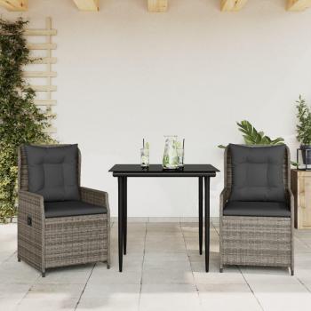 Set comedor de jardín 3 piezas con cojines ratán sintético gris