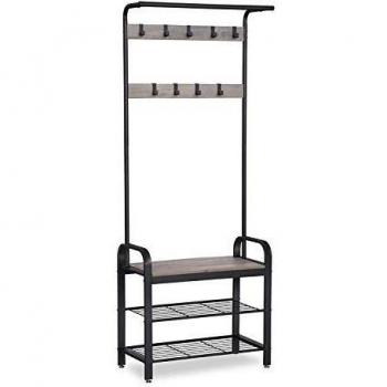 VASAGLE Perchero, Perchero con Banco, Zapatero con Ganchos Desmontables, Perchero de Pie, Altura 183 cm, Acero, Industrial, Greige y Negro HSR40MB