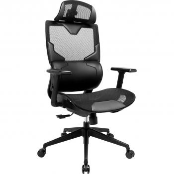 Silla de Juego ErgoFusion - Ergonométrica, Con Apoyabrazos, T-Fórmica, Inclinable, Giratoria, Polipiel y Malla Negra
