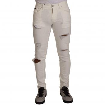 White Tattered Skinny Cotton Men Denim Jeans, Luxury Crafted in Italy