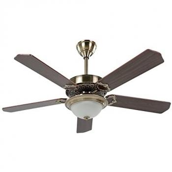 Ventilador de Techo Tradicional con Luz y Control Remoto, 5 Aspas de Metal Dorado y Madera Oscura