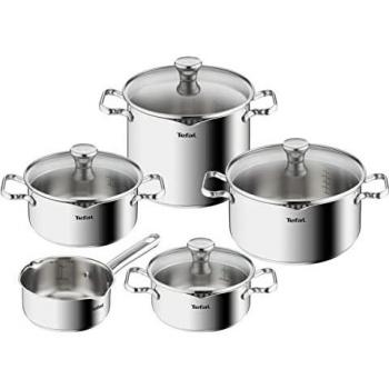Set de Ollas Tefal Duetto 9 Piezas, Acero Inoxidable, Inducción, Con Tapas de Vidrio y Colador, Apta para Todas las Cocinas